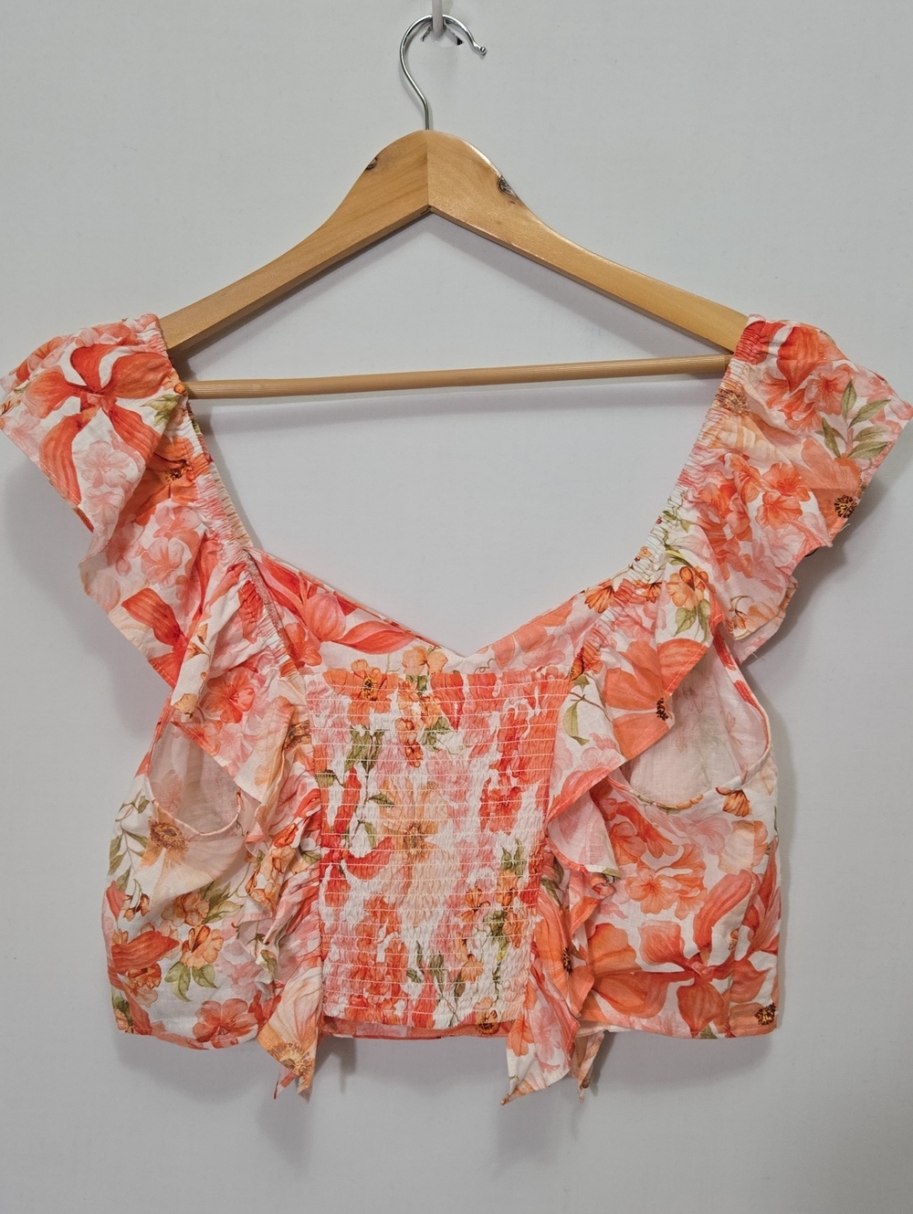 H&M Linen Blend Floral Cropped Blouse Top Size L Ruched Resort Ruffle Flutter - Picture 9 of 11